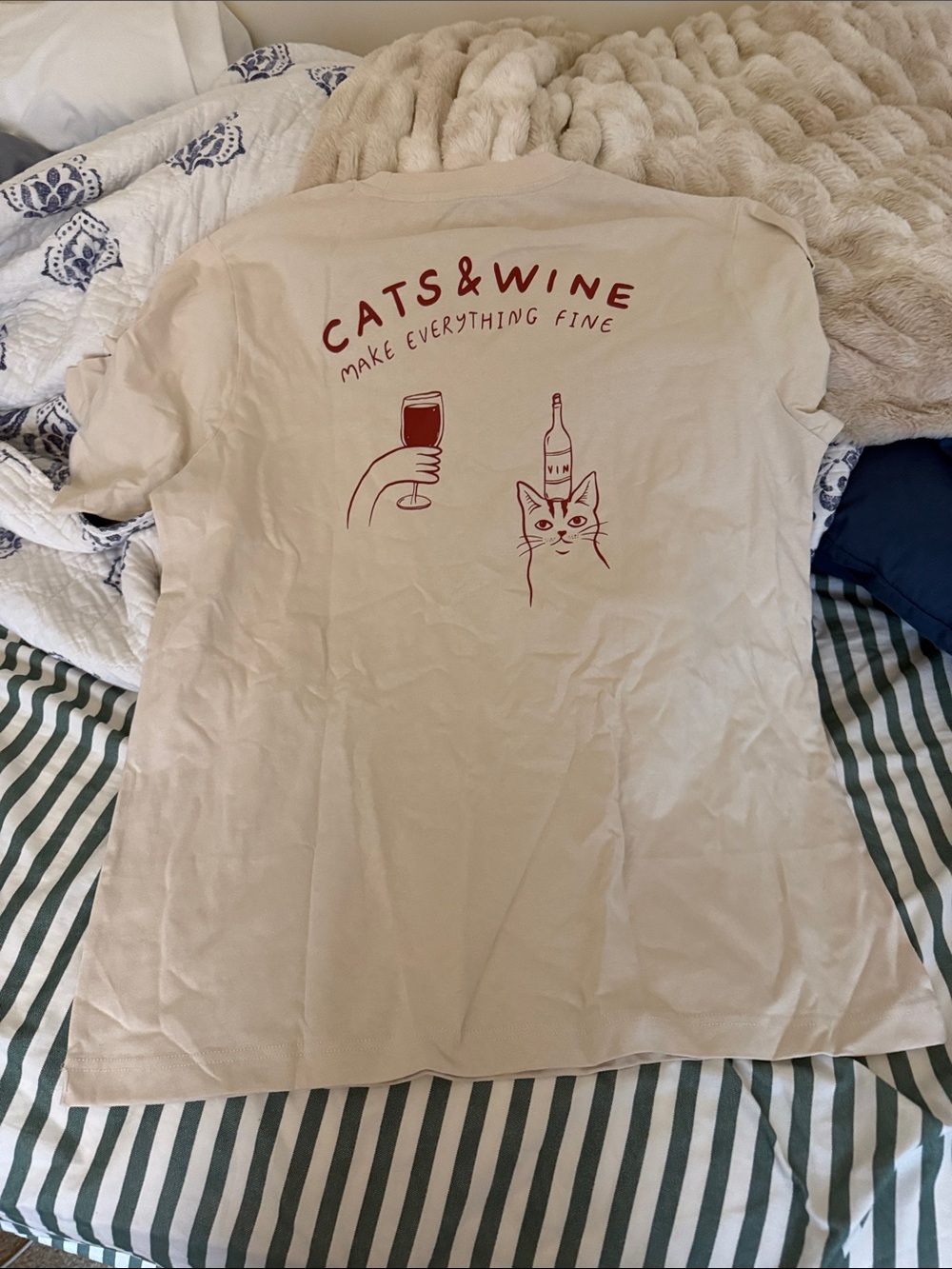 Cats & Wine Graphic Tee - Cream with Burgundy Print